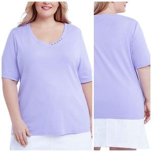 1X 3X Light Purple Cotton Elbow Sleeve V-Neck Top Plus Size